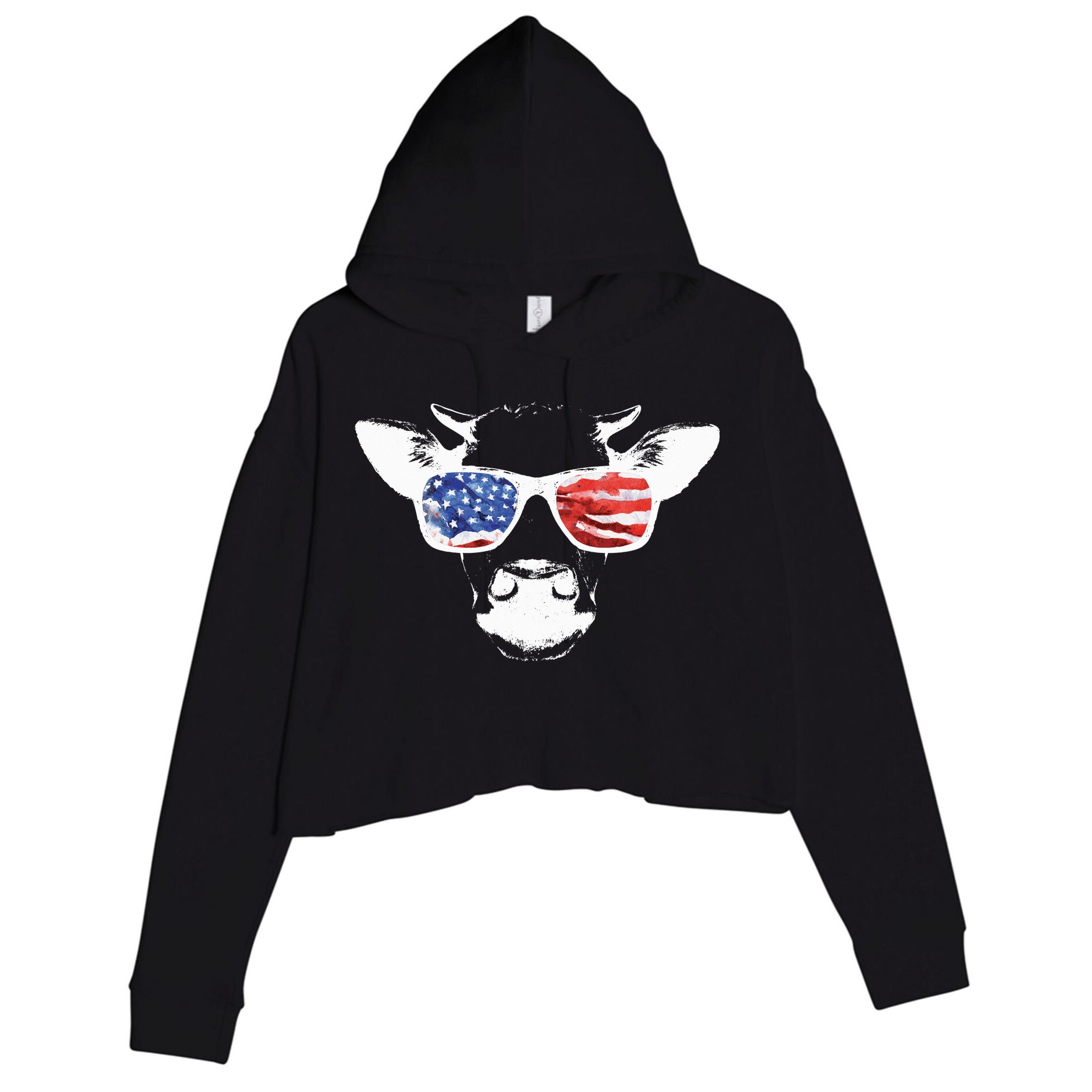 Patriotic Cow USA Flag Sunglasses Crop Fleece Hoodie