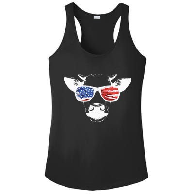Patriotic Cow USA Flag Sunglasses Ladies PosiCharge Competitor Racerback Tank