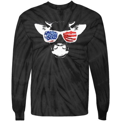 Patriotic Cow USA Flag Sunglasses Tie-Dye Long Sleeve Shirt