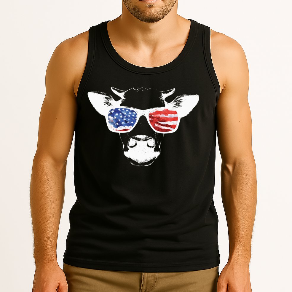 Patriotic Cow USA Flag Sunglasses Tank Top