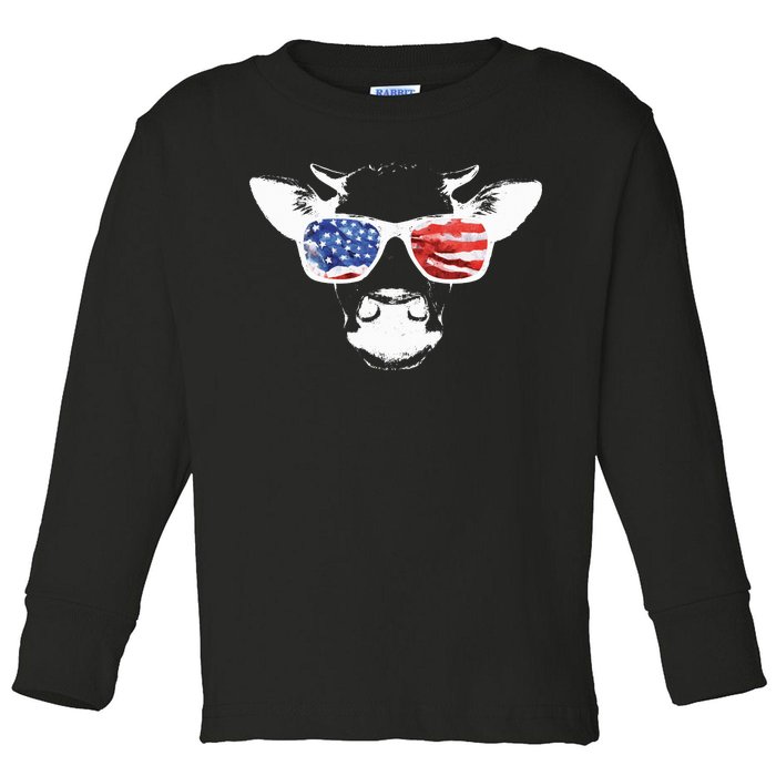 Patriotic Cow USA Flag Sunglasses Toddler Long Sleeve Shirt