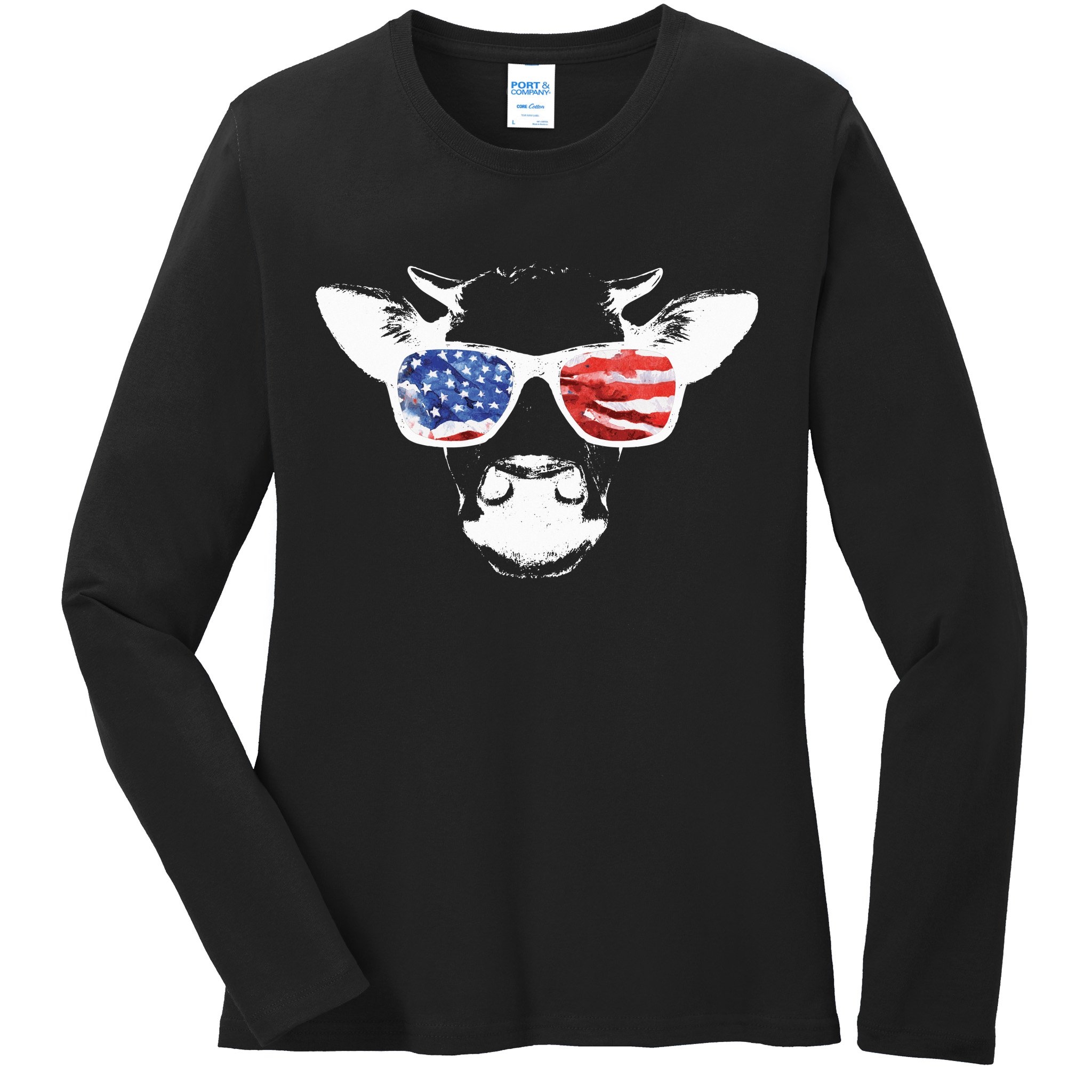 Patriotic Cow USA Flag Sunglasses Ladies Long Sleeve Shirt