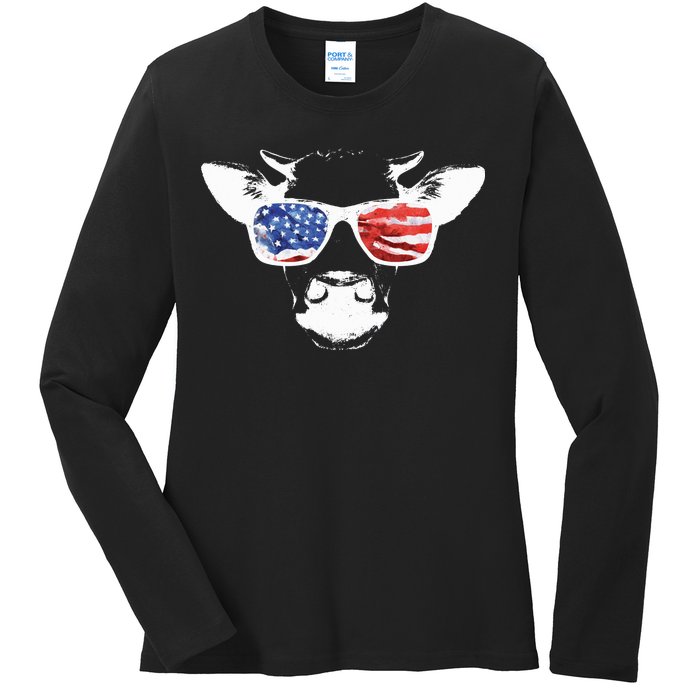 Patriotic Cow USA Flag Sunglasses Ladies Long Sleeve Shirt