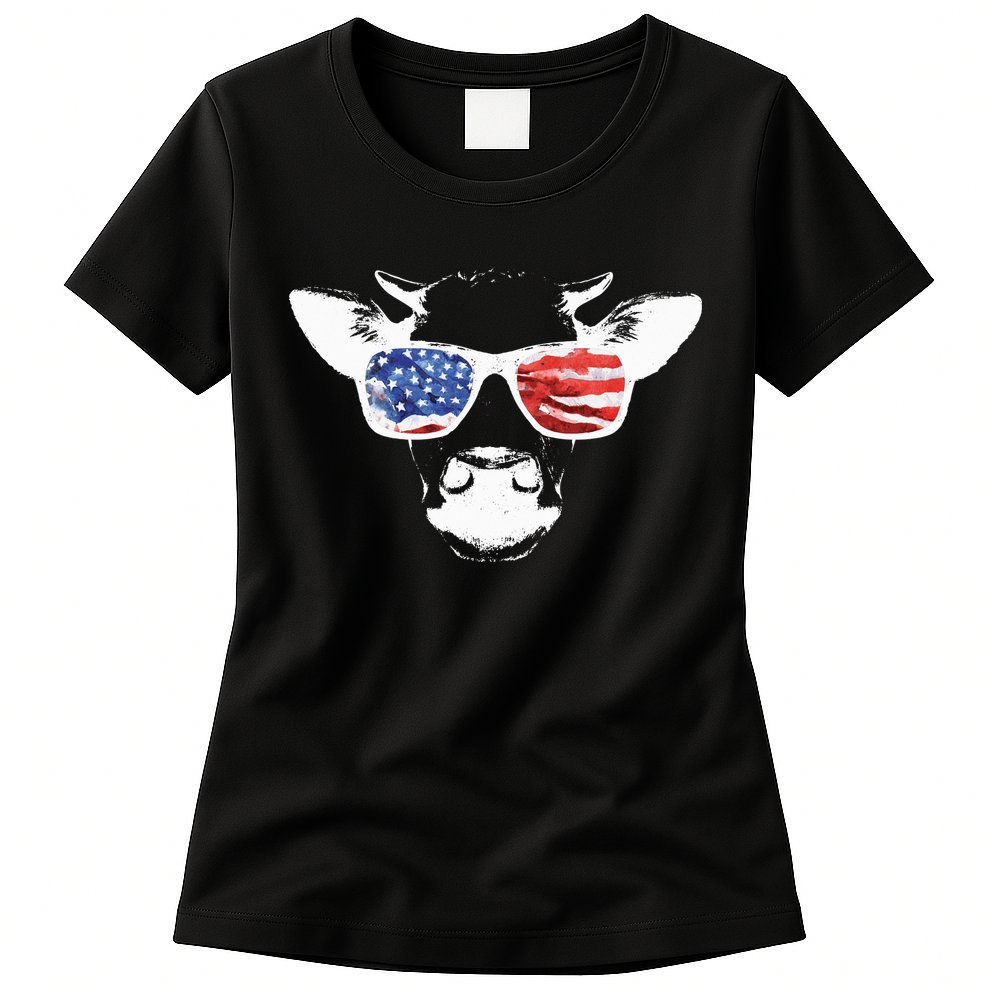 Patriotic Cow USA Flag Sunglasses Womens T-Shirt