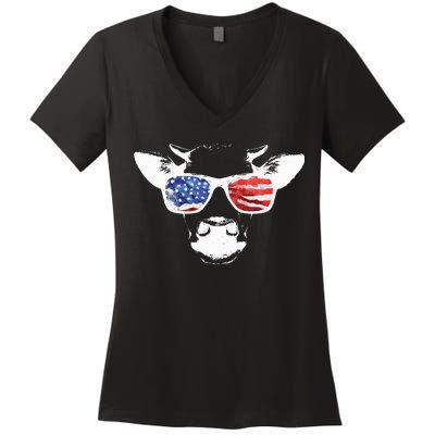 Patriotic Cow USA Flag Sunglasses Women's V-Neck T-Shirt