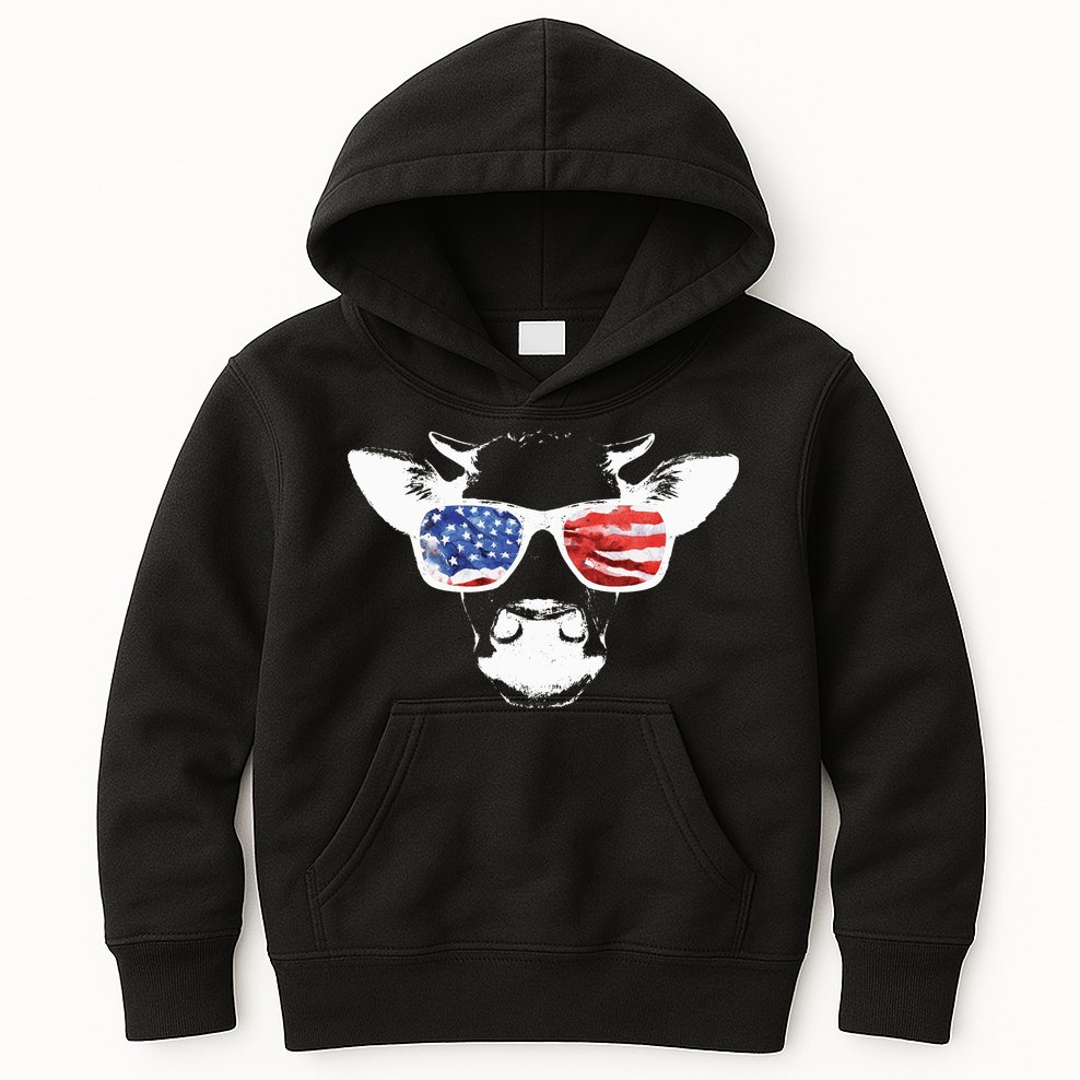Patriotic Cow USA Flag Sunglasses Kids Hoodie
