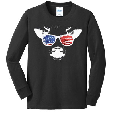 Patriotic Cow USA Flag Sunglasses Kids Long Sleeve Shirt