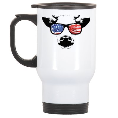 Patriotic Cow USA Flag Sunglasses Stainless Steel Travel Mug