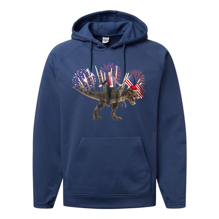 Patriotic Donald Trump On A Dinosaur Performance Fleece Hoodie