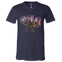 Patriotic Donald Trump On A Dinosaur V-Neck T-Shirt