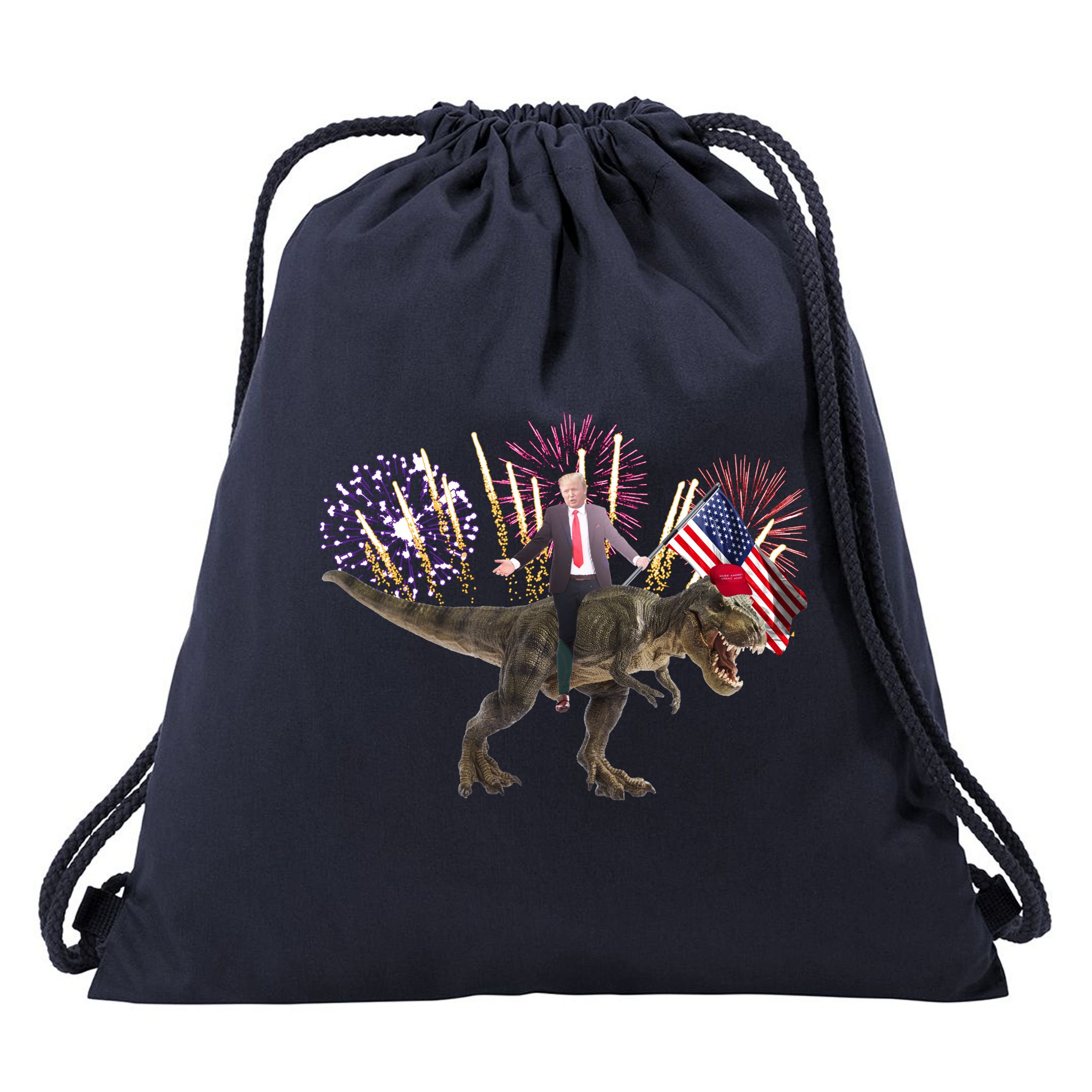 Patriotic Donald Trump On A Dinosaur Drawstring Bag
