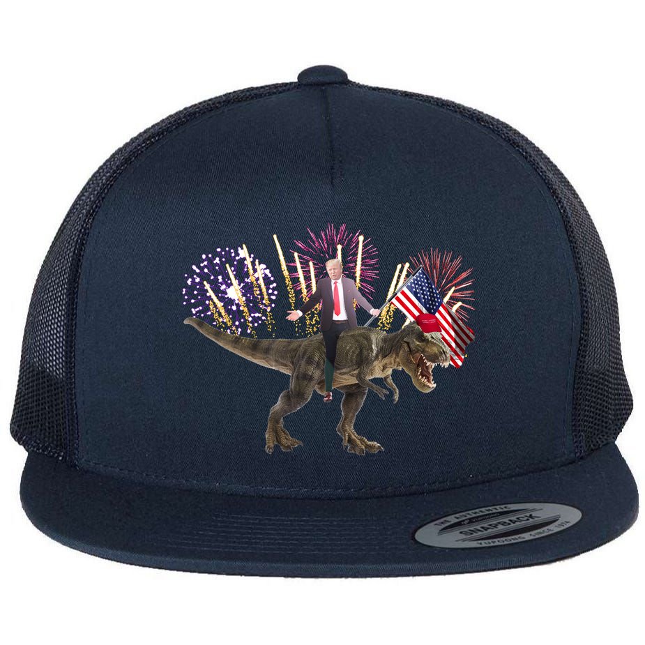 Patriotic Donald Trump On A Dinosaur Flat Bill Trucker Hat