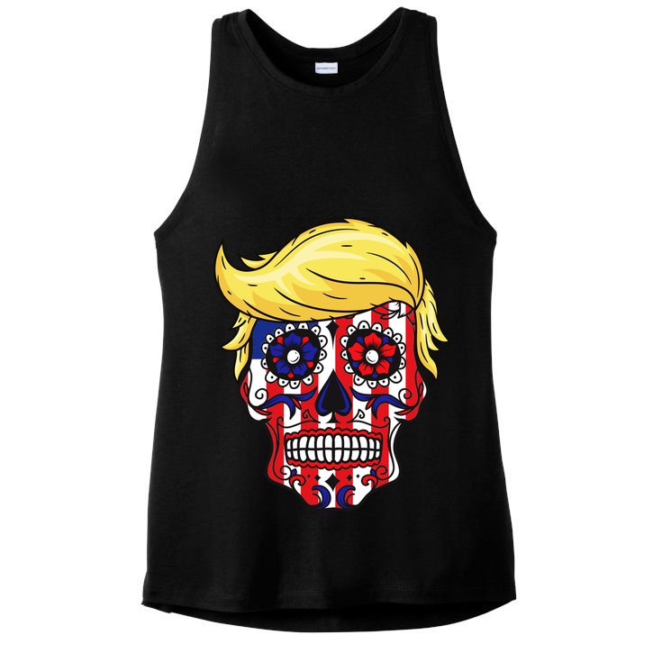 Patriotic Donald Trump Sugar Skull Ladies PosiCharge Tri-Blend Wicking Tank