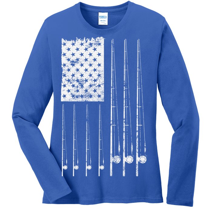 Patriotic Fishing American Flag Ladies Long Sleeve Shirt