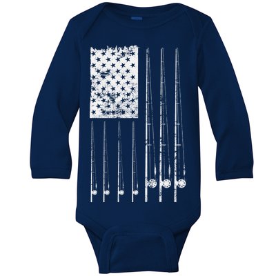 Patriotic Fishing American Flag Baby Long Sleeve Bodysuit