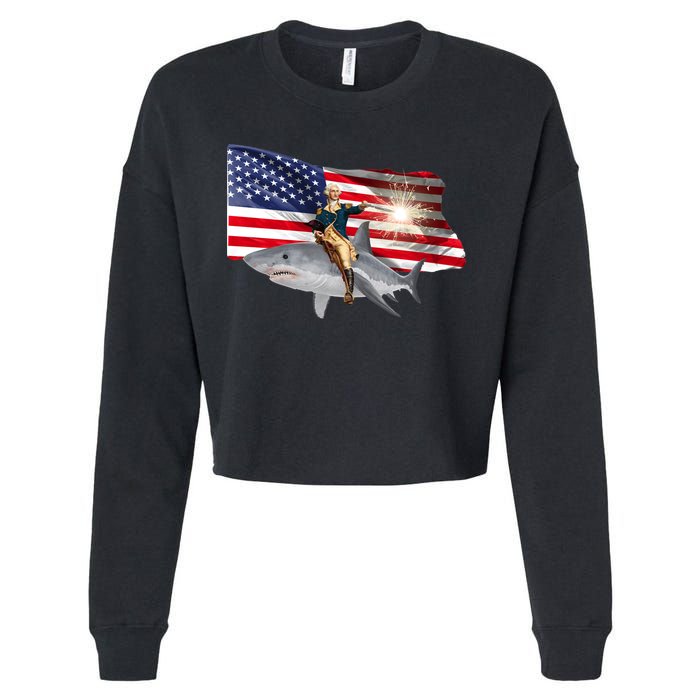 Patriotic George Washington On A Shark Cropped Pullover Crew