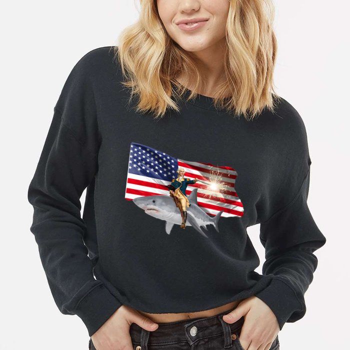 Patriotic George Washington On A Shark Cropped Pullover Crew