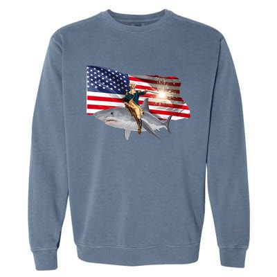 Patriotic George Washington On A Shark Garment-Dyed Sweatshirt