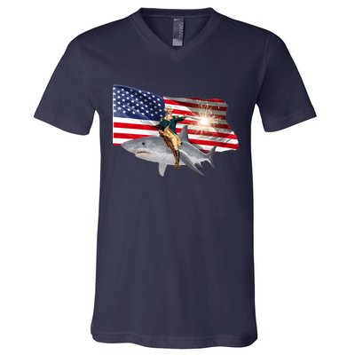 Patriotic George Washington On A Shark V-Neck T-Shirt