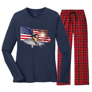 Patriotic George Washington On A Shark Women's Long Sleeve Flannel Pajama Set 