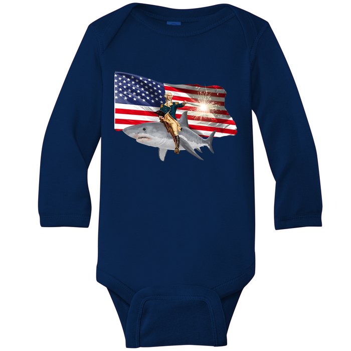 Patriotic George Washington On A Shark Baby Long Sleeve Bodysuit