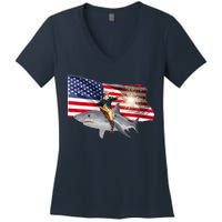 Patriotic George Washington On A Shark Women's V-Neck T-Shirt