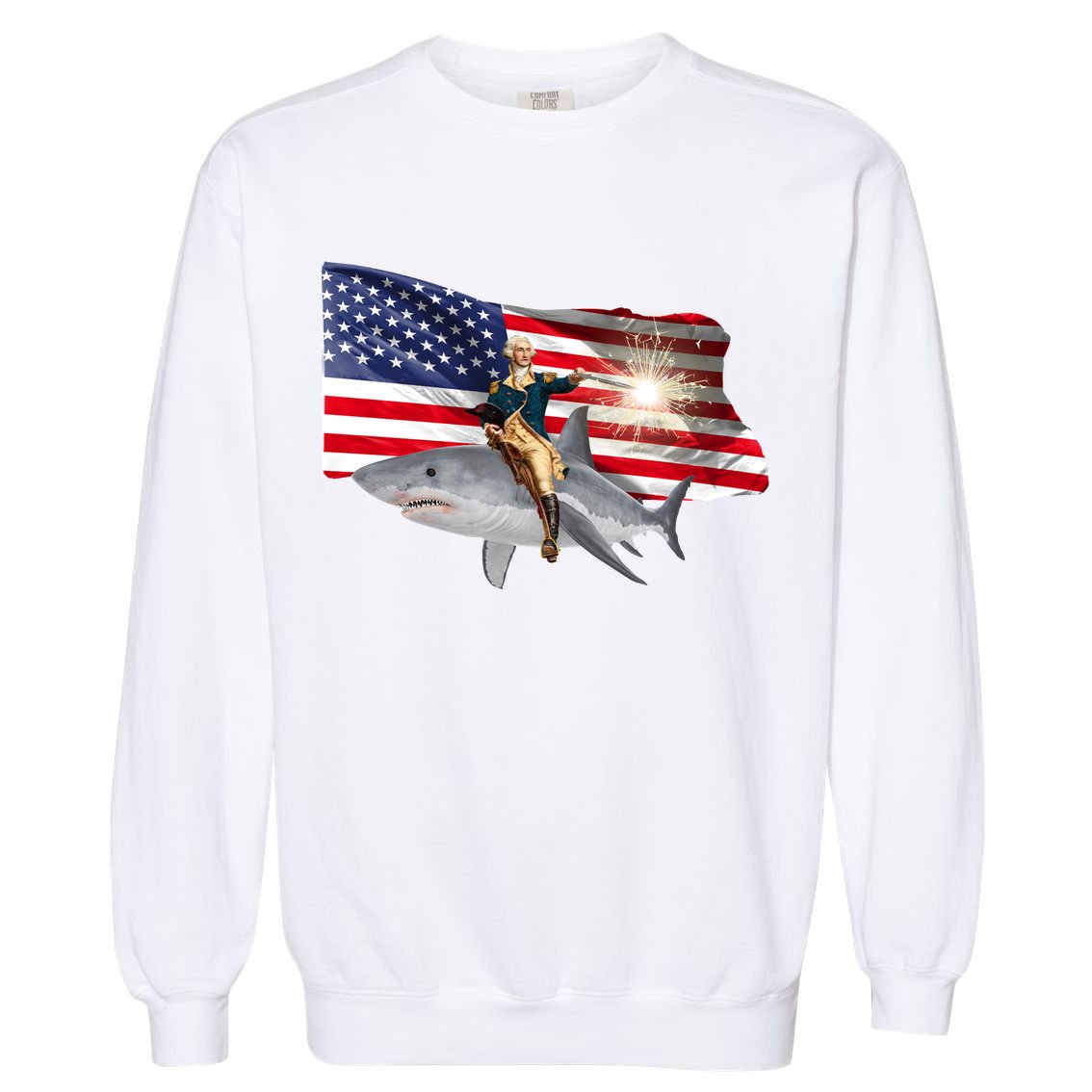 Patriotic George Washington On A Shark Garment-Dyed Sweatshirt