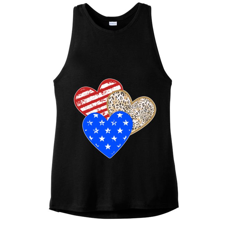 Patriotic Leopard Print Stars And Stripes Hearts Ladies PosiCharge Tri-Blend Wicking Tank