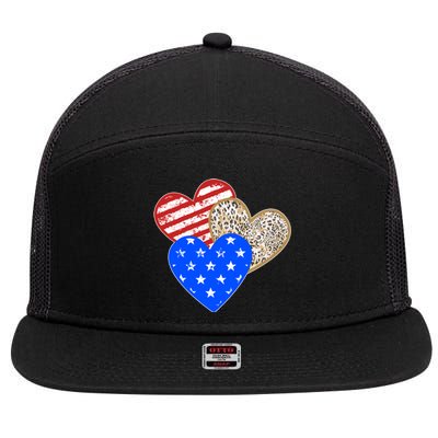 Patriotic Leopard Print Stars And Stripes Hearts 7 Panel Mesh Trucker Snapback Hat