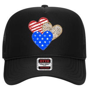 Patriotic Leopard Print Stars And Stripes Hearts High Crown Mesh Back Trucker Hat