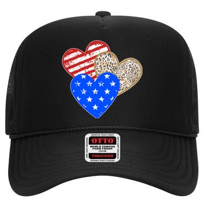 Patriotic Leopard Print Stars And Stripes Hearts High Crown Mesh Back Trucker Hat