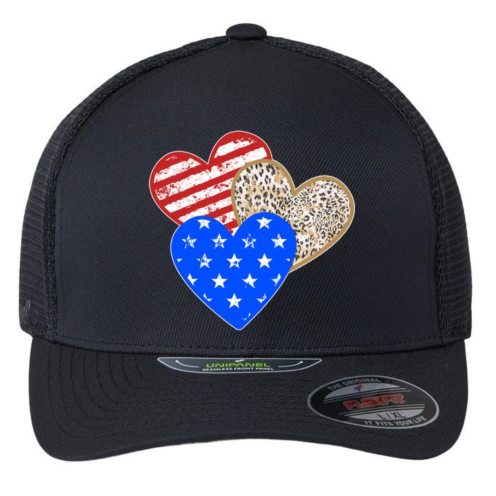 Patriotic Leopard Print Stars And Stripes Hearts Flexfit Unipanel Trucker Cap