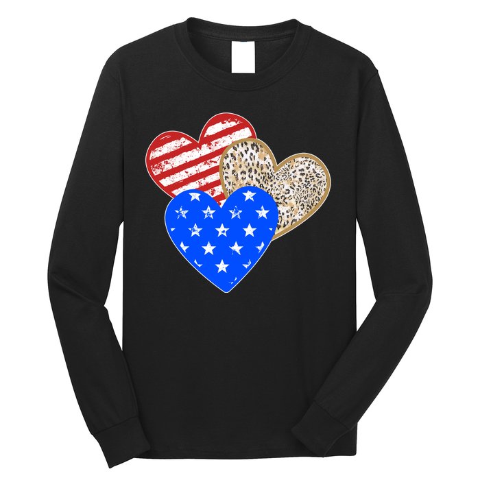 Patriotic Leopard Print Stars And Stripes Hearts Long Sleeve Shirt