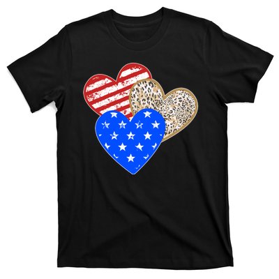 Patriotic Leopard Print Stars And Stripes Hearts T-Shirt