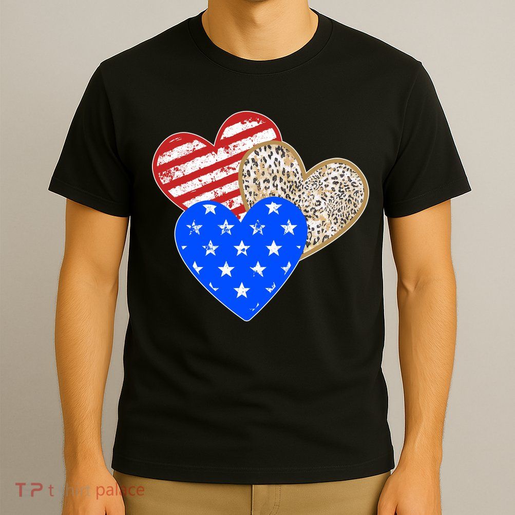 Patriotic Leopard Print Stars And Stripes Hearts T-Shirt