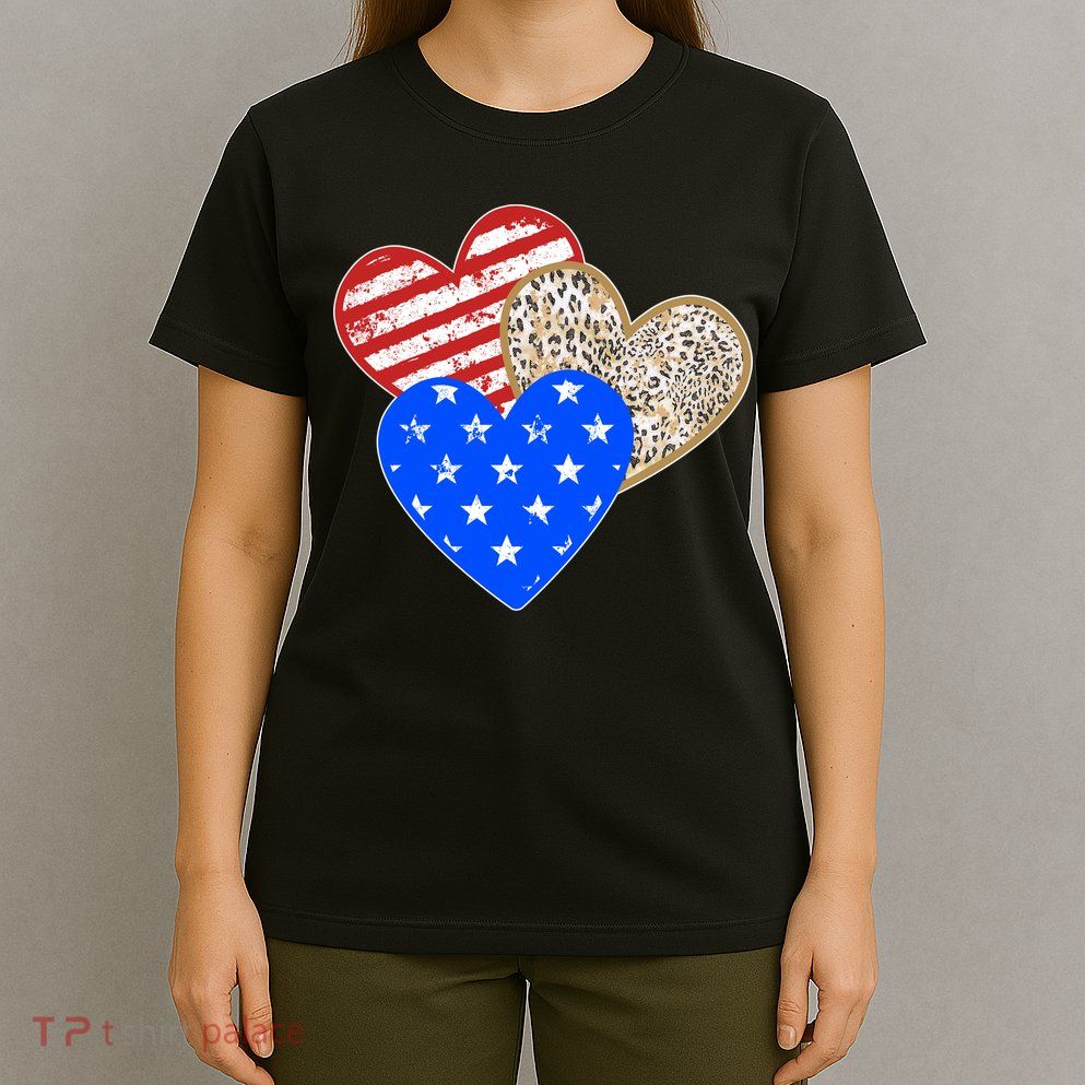 Patriotic Leopard Print Stars And Stripes Hearts T-Shirt