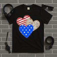Patriotic Leopard Print Stars And Stripes Hearts T-Shirt