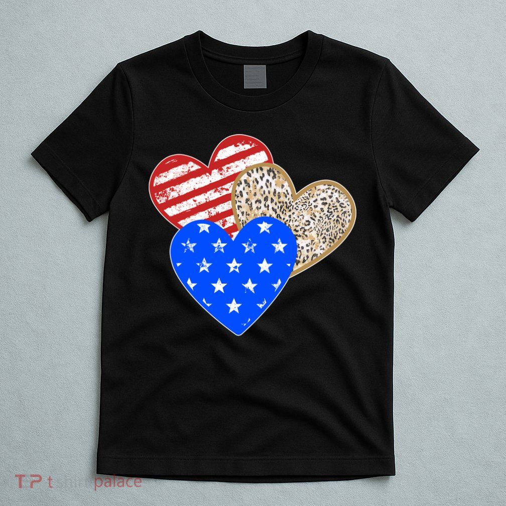 Patriotic Leopard Print Stars And Stripes Hearts T-Shirt