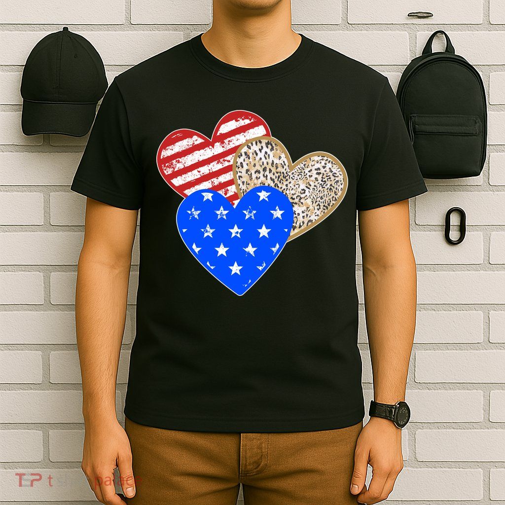 Patriotic Leopard Print Stars And Stripes Hearts T-Shirt