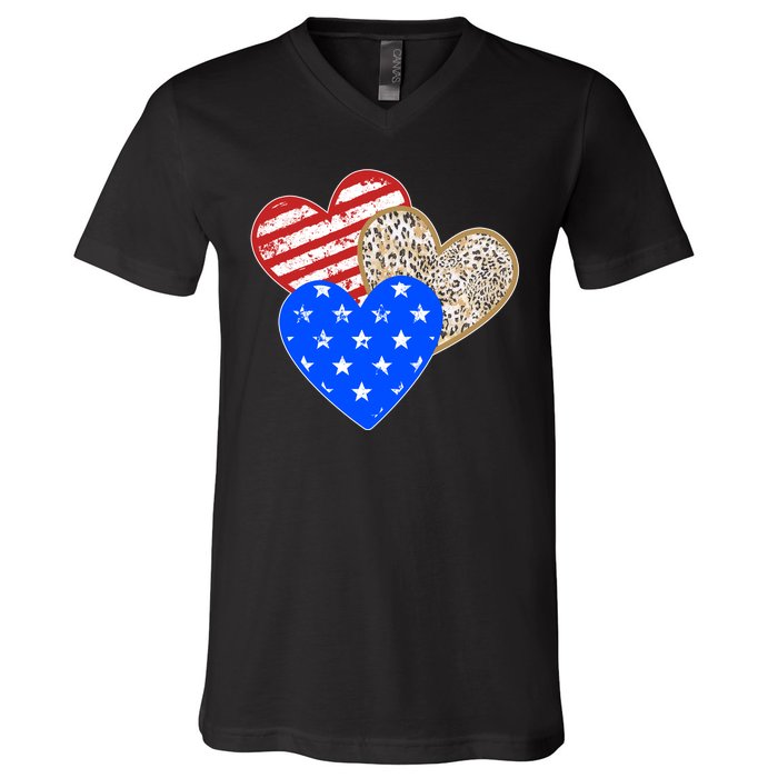 Patriotic Leopard Print Stars And Stripes Hearts V-Neck T-Shirt