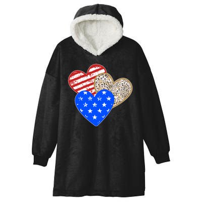 Patriotic Leopard Print Stars And Stripes Hearts Hooded Wearable Blanket