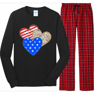 Patriotic Leopard Print Stars And Stripes Hearts Long Sleeve Pajama Set