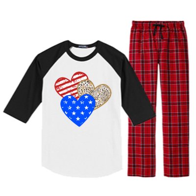 Patriotic Leopard Print Stars And Stripes Hearts Raglan Sleeve Pajama Set