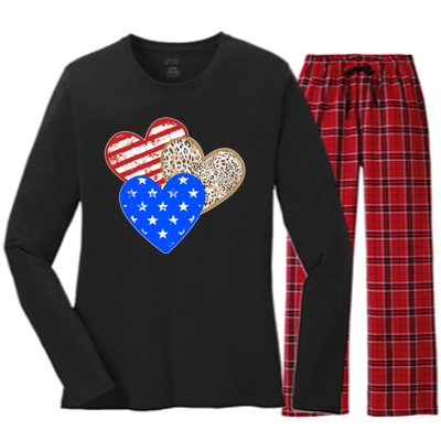 Patriotic Leopard Print Stars And Stripes Hearts Women's Long Sleeve Flannel Pajama Set 