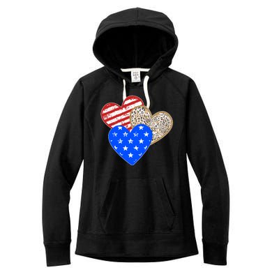 Patriotic Leopard Print Stars And Stripes Hearts Women's Fleece Hoodie