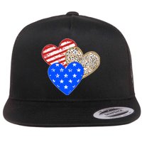 Patriotic Leopard Print Stars And Stripes Hearts Flat Bill Trucker Hat