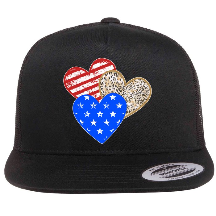 Patriotic Leopard Print Stars And Stripes Hearts Flat Bill Trucker Hat