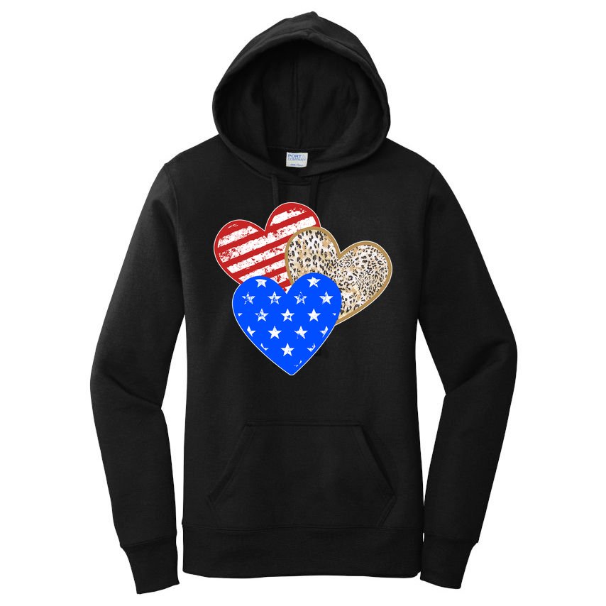 Patriotic Leopard Print Stars And Stripes Hearts Women's Pullover Hoodie
