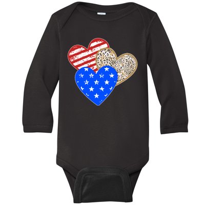 Patriotic Leopard Print Stars And Stripes Hearts Baby Long Sleeve Bodysuit