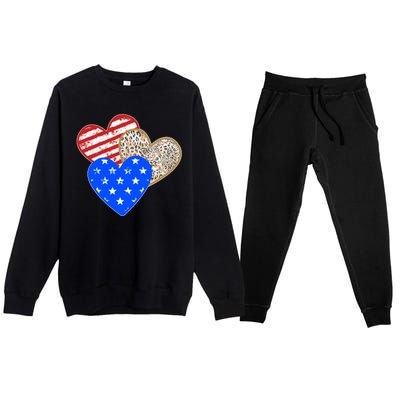 Patriotic Leopard Print Stars And Stripes Hearts Premium Crewneck Sweatsuit Set